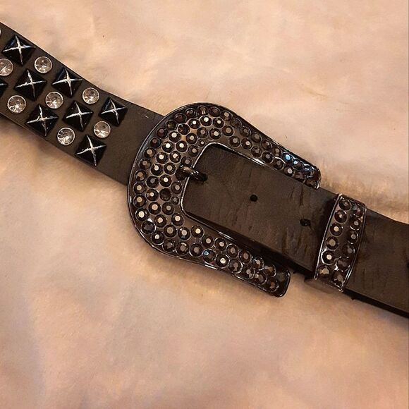 Faux Leather Rhinestone Studded Grey Belt - Picture 1 of 5